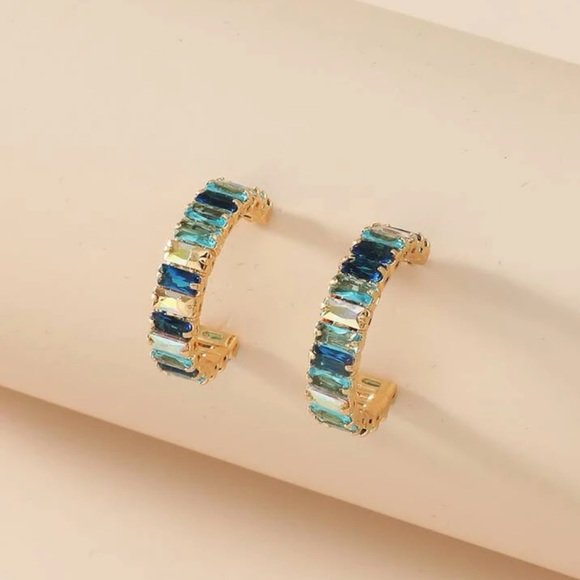 Blue Cubic Zirconia 14k Hoop Earrings - Picture 4 of 5